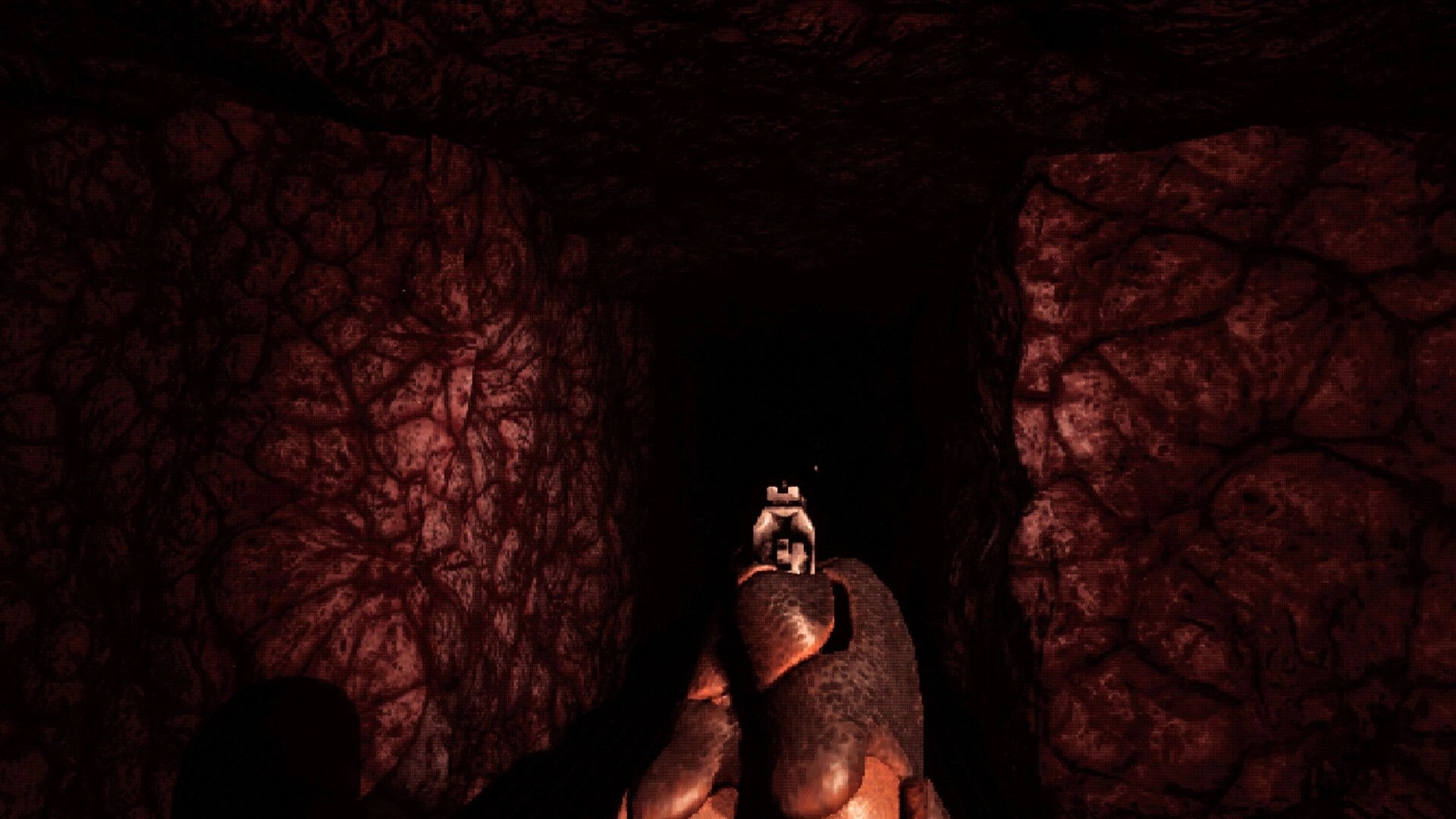 Crazy Neighbour: First-person view aiming a pistol into a dark stone tunnel with heavy red lighting.
