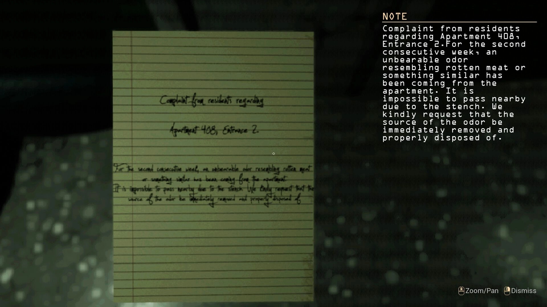 Crazy Neighbour: Note-reading UI with complaint about odor from Apartment 408, Entrance 2 on screen.