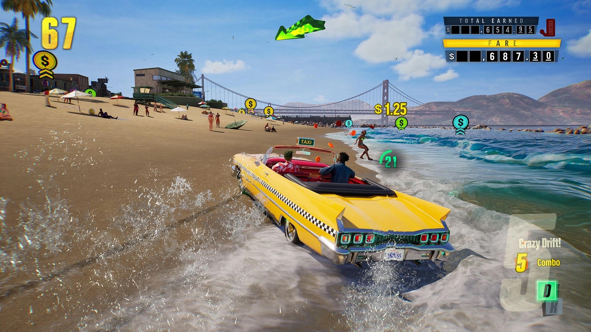 Crazy Taxi: Yellow taxi drifting through surf beside a crowded beach, fare and combo UI on screen.