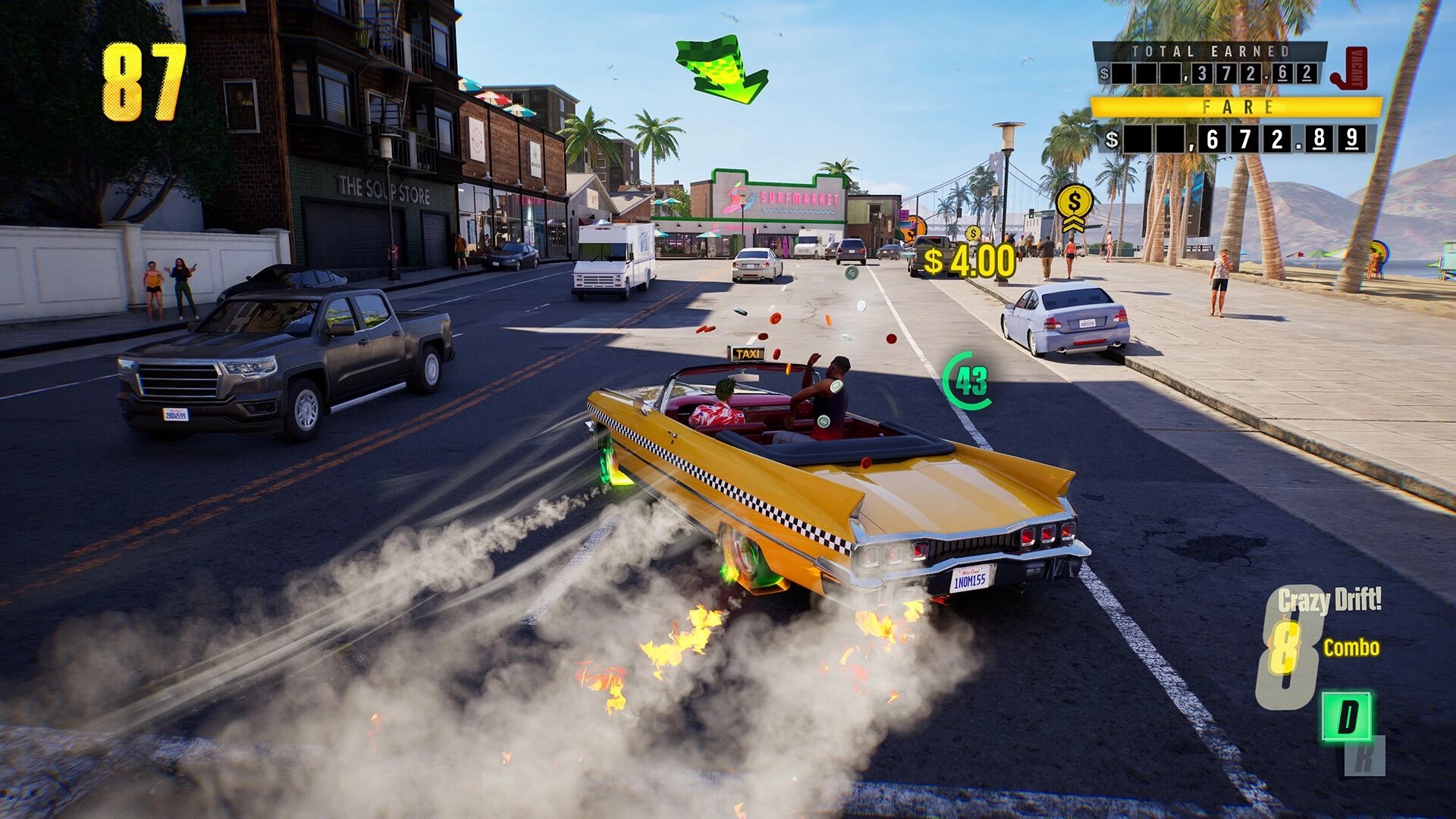 Crazy Taxi: Yellow cab drifting with smoke and sparks on a palm-lined beach boulevard with fare UI.