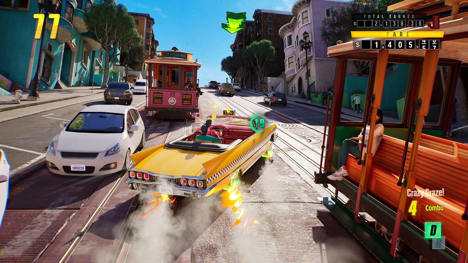 Crazy Taxi: Yellow taxi drifting with boost flames beside a cable car on a steep city street.