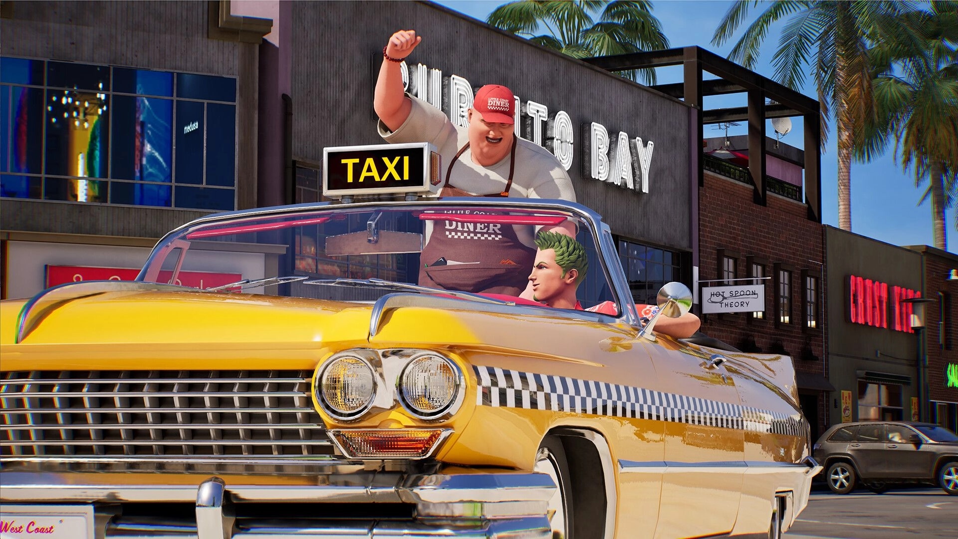 Crazy Taxi: Axel drives a yellow cab as a diner worker cheers outside Porto Bay on a palm street.