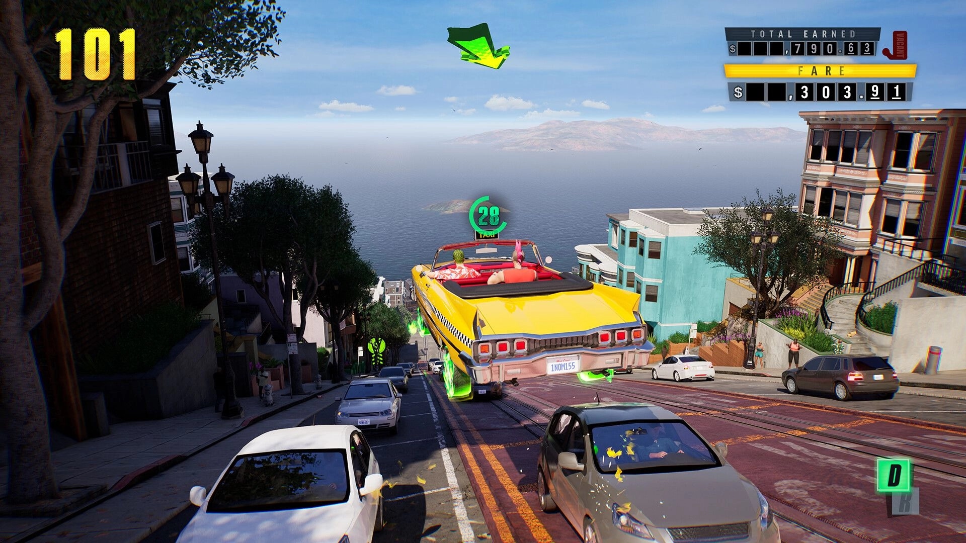 Crazy Taxi: Yellow taxi mid-jump down steep city hill with fare UI and sea view backdrop.