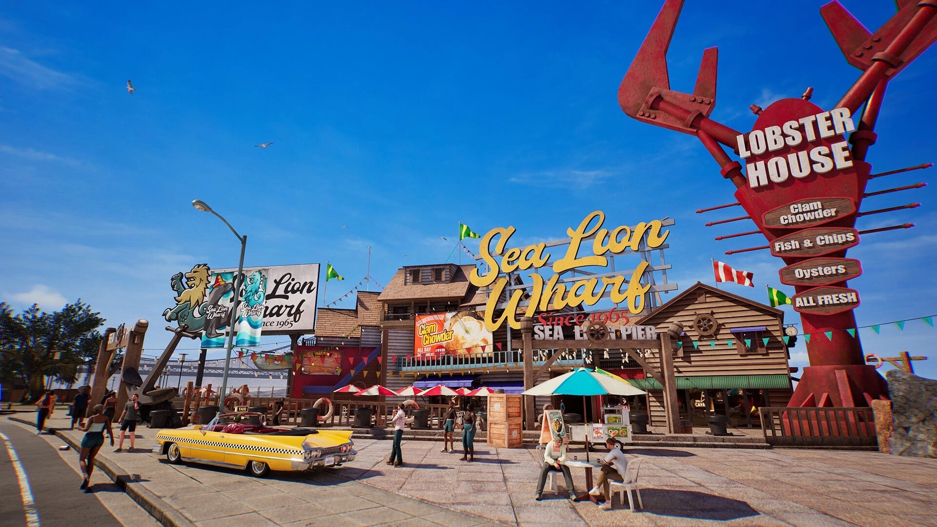 Crazy Taxi: Yellow cab parked by Sea Lion Wharf and Lobster House signs on a sunny pier promenade.