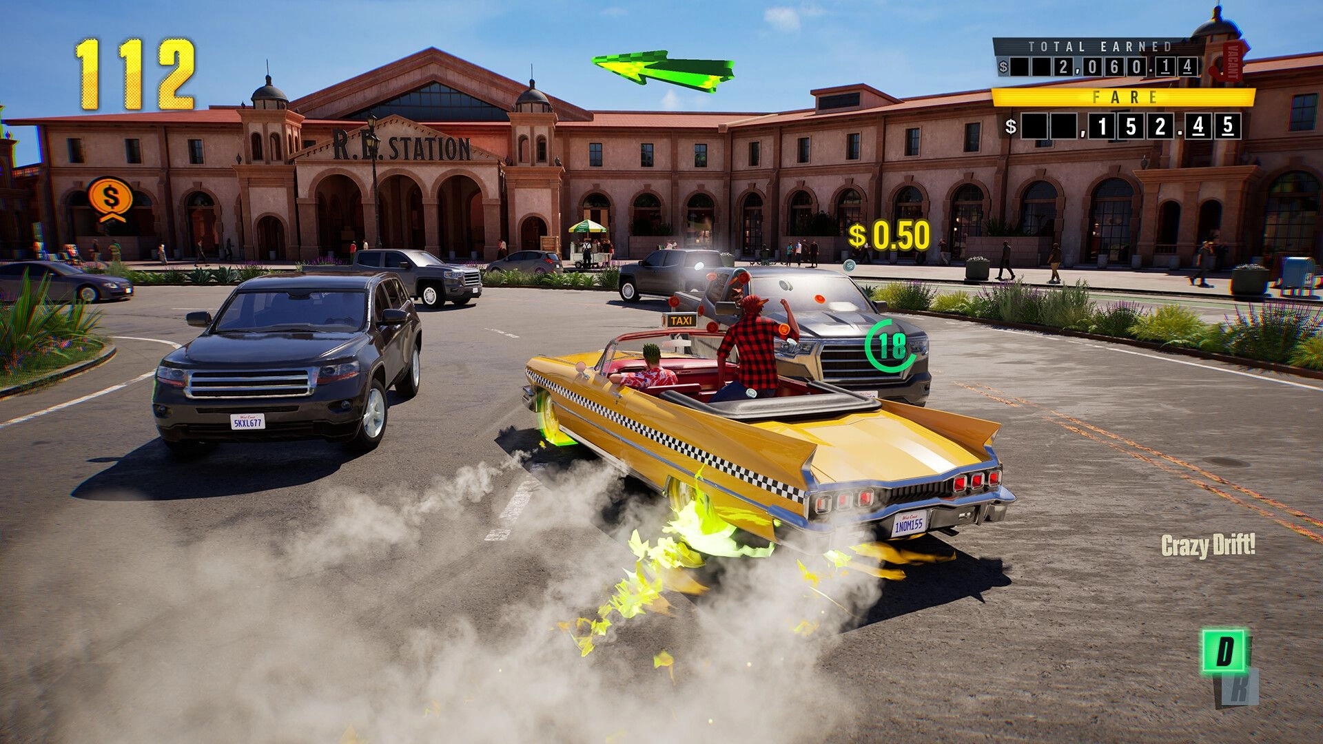 Crazy Taxi: Taxi drifting with smoke and fare UI outside R.R. Station in a busy parking lot.