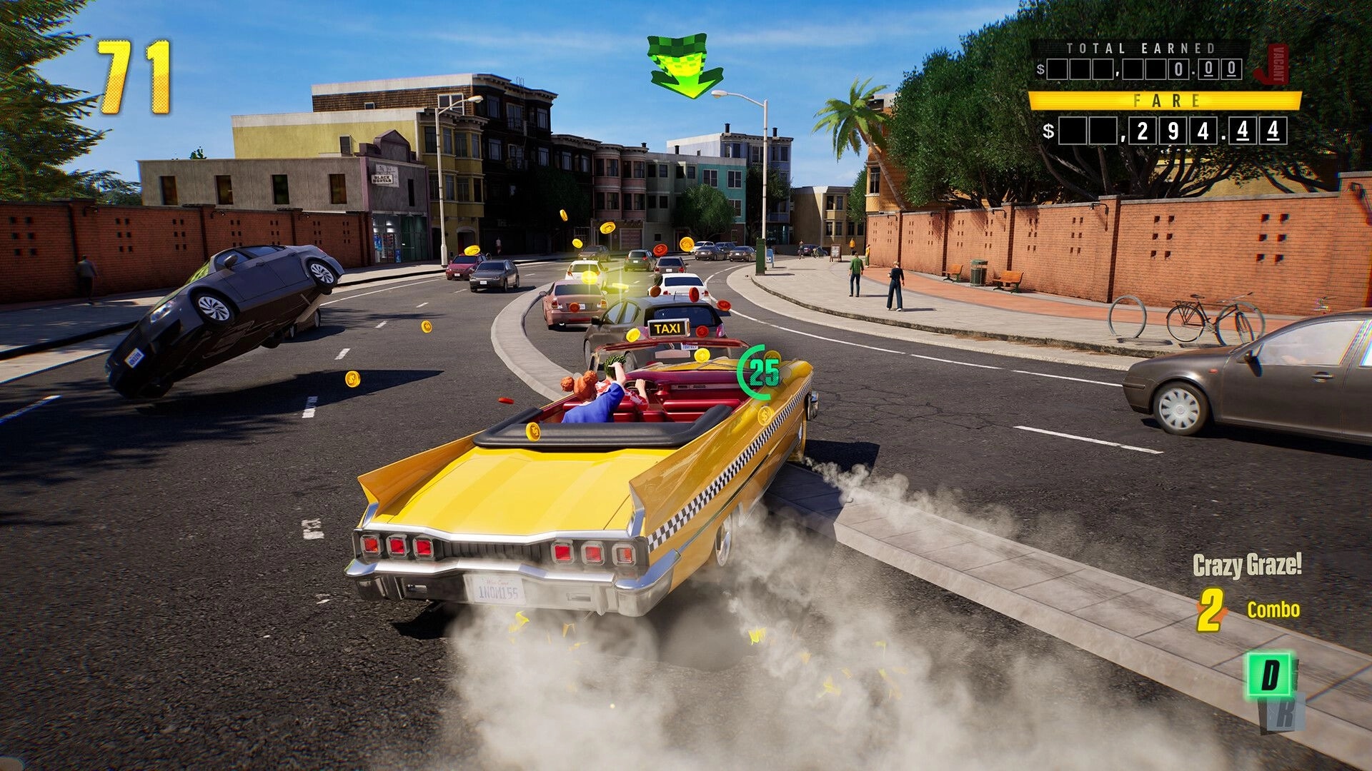 Crazy Taxi: Yellow cab drifts through traffic with coins and fare UI on a sunny city street curve.