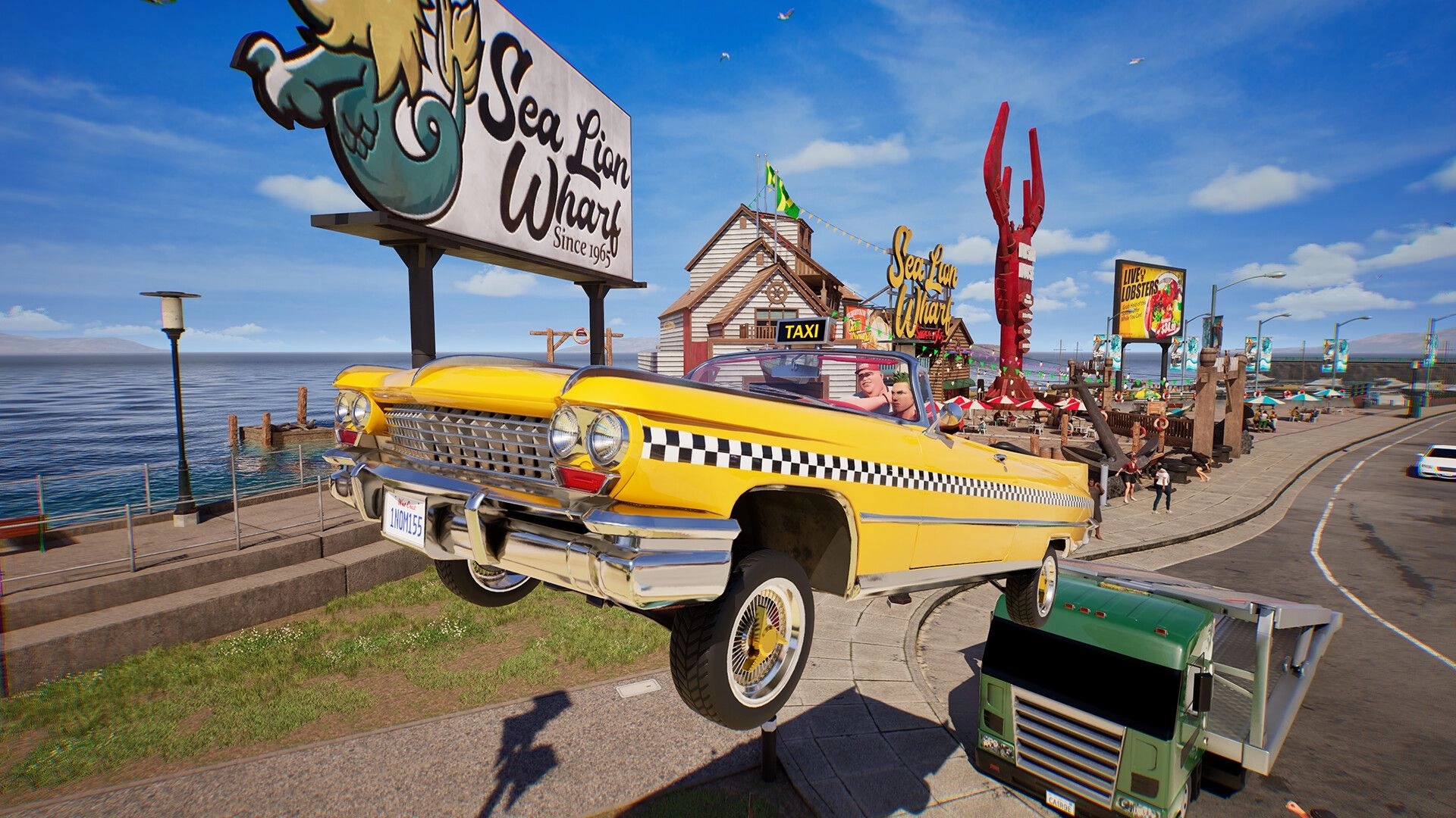 Crazy Taxi: Yellow taxi midair off a ramp by Sea Lion Wharf pier, oceanfront boardwalk and signs.