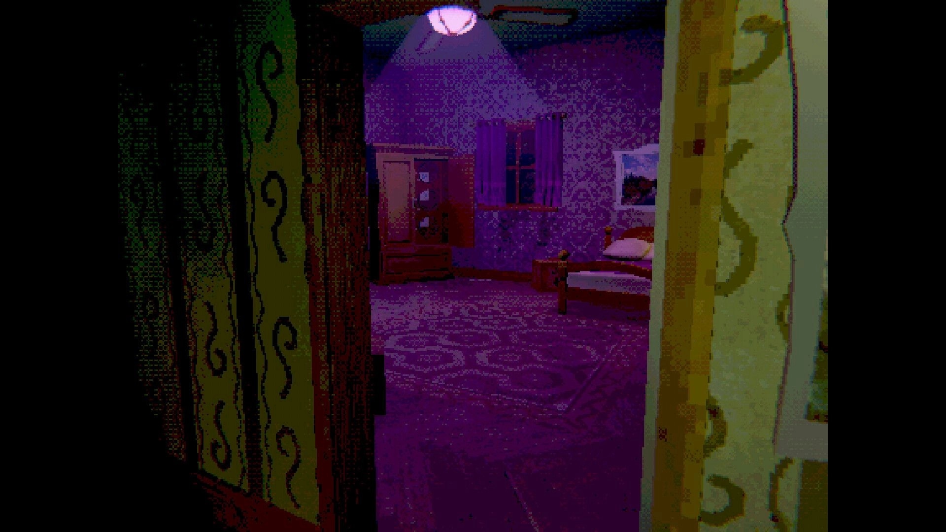 Creature Kitchen: Dimly lit bedroom with a cozy bed and wardrobe, viewed from a doorway at night.