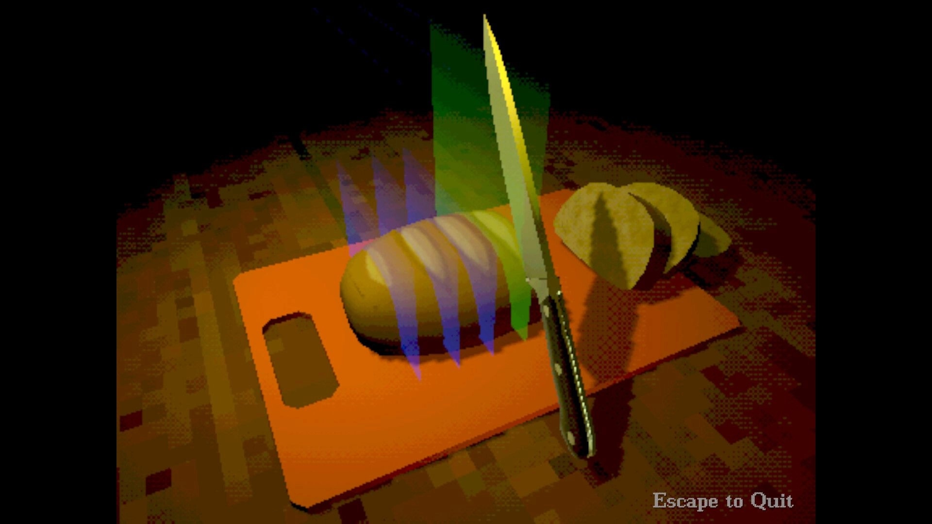 Creature Kitchen: Knife slicing a loaf on an orange cutting board in dimly lit kitchen setting