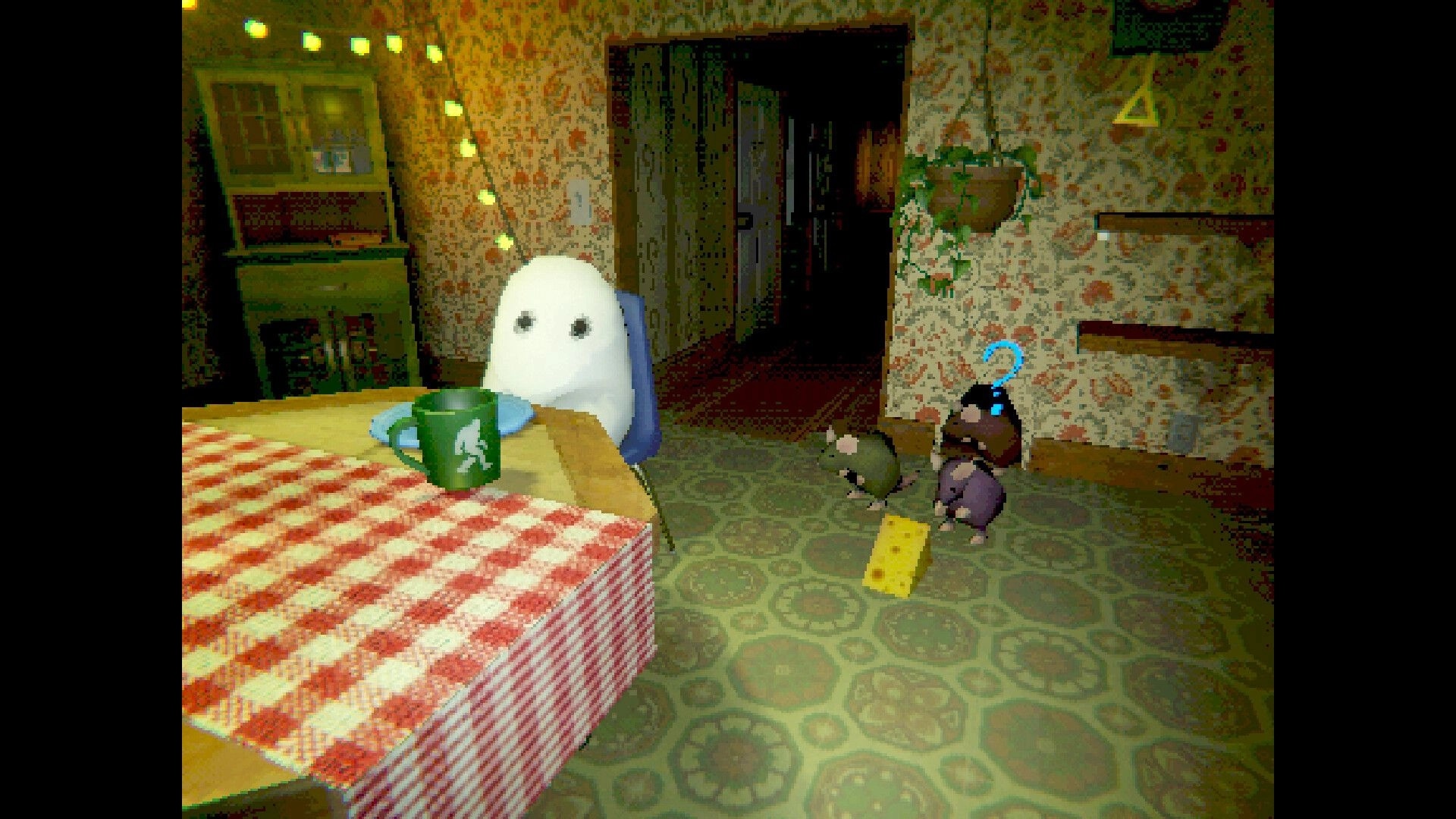 Creature Kitchen: Ghostly figure at table with curious critters in a cozy, dimly lit kitchen setting.