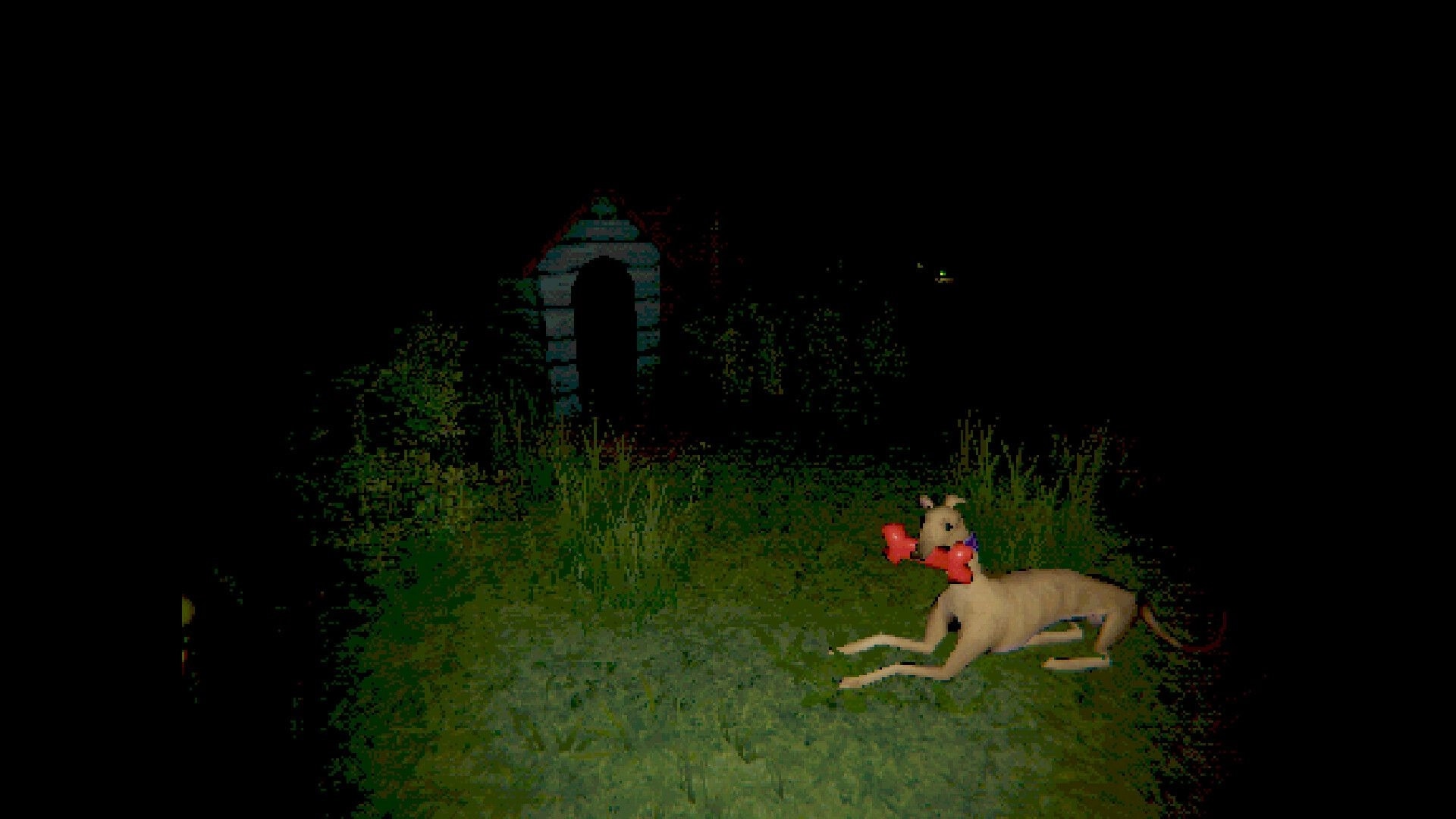 Creature Kitchen: Dog carrying red bone toy near doghouse in a dimly lit grassy area at night