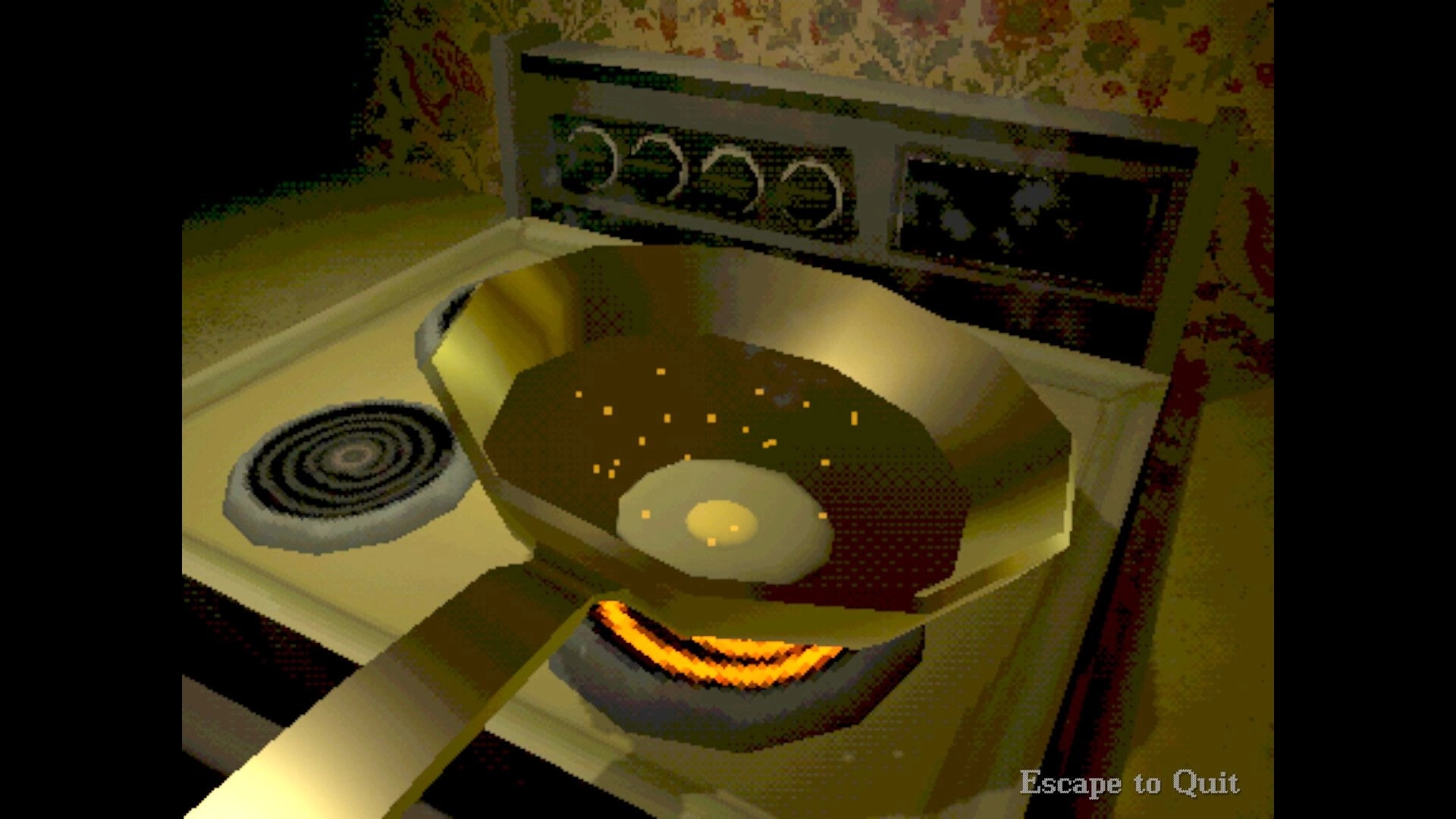 Creature Kitchen: Frying egg in a pan on a vintage stove in a dimly lit, cozy kitchen setting.