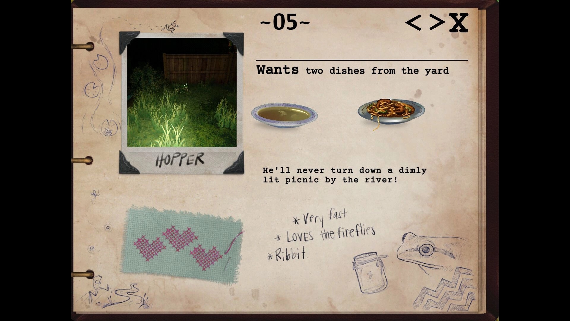 Creature Kitchen: Hopper's page with soup and noodle dishes, notes on preferences, and garden photo