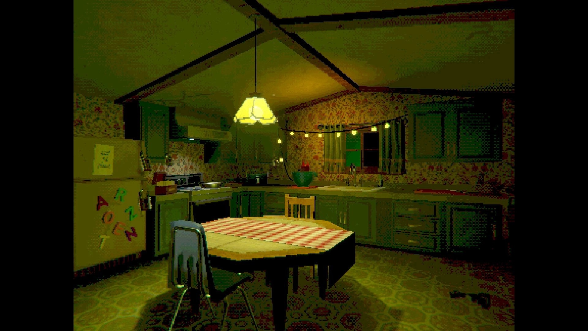 Creature Kitchen: Cozy kitchen interior with checkered tablecloth and string lights at night