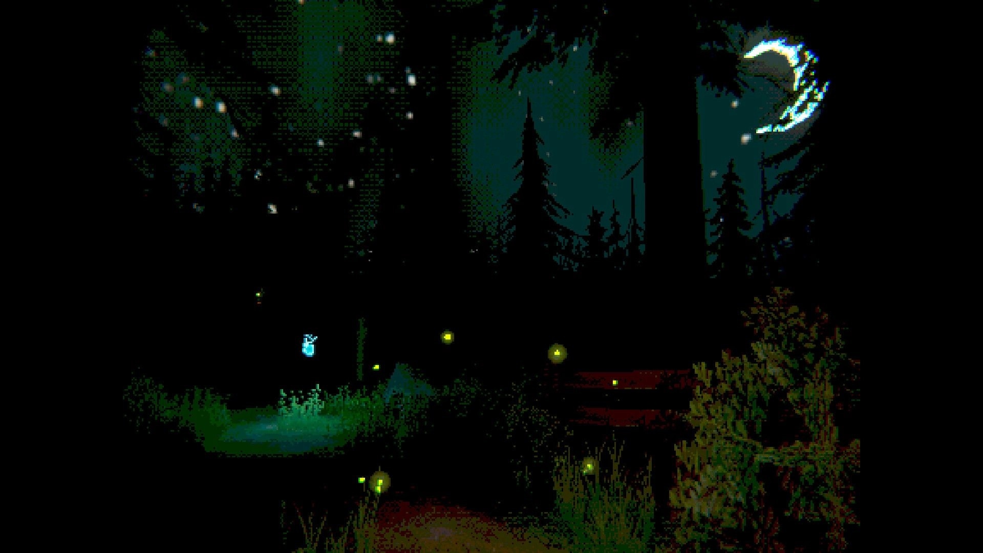 Creature Kitchen: Fireflies illuminate a dark forest path under a crescent moon, surrounded by tall trees.