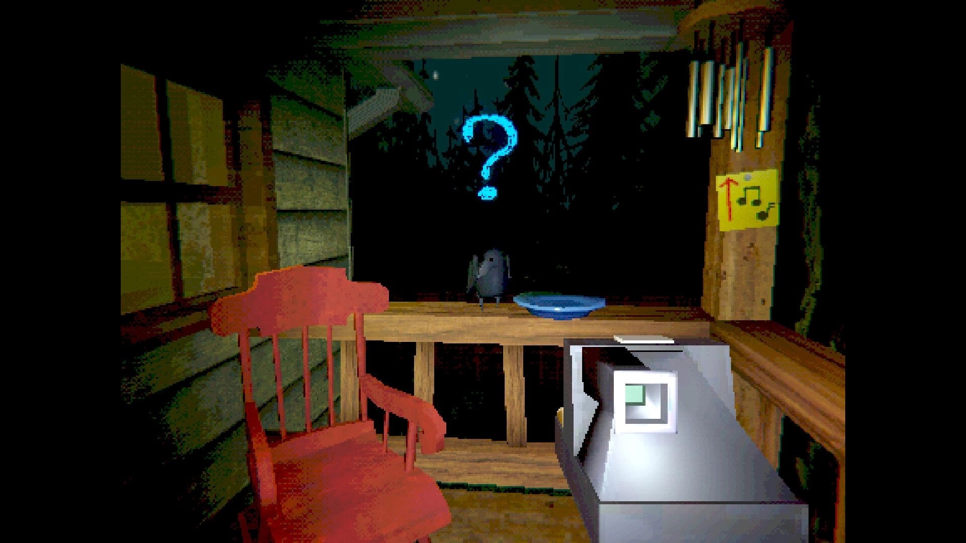Creature Kitchen: Mysterious owl with question mark hovers near red chair and blue bowl on porch at night