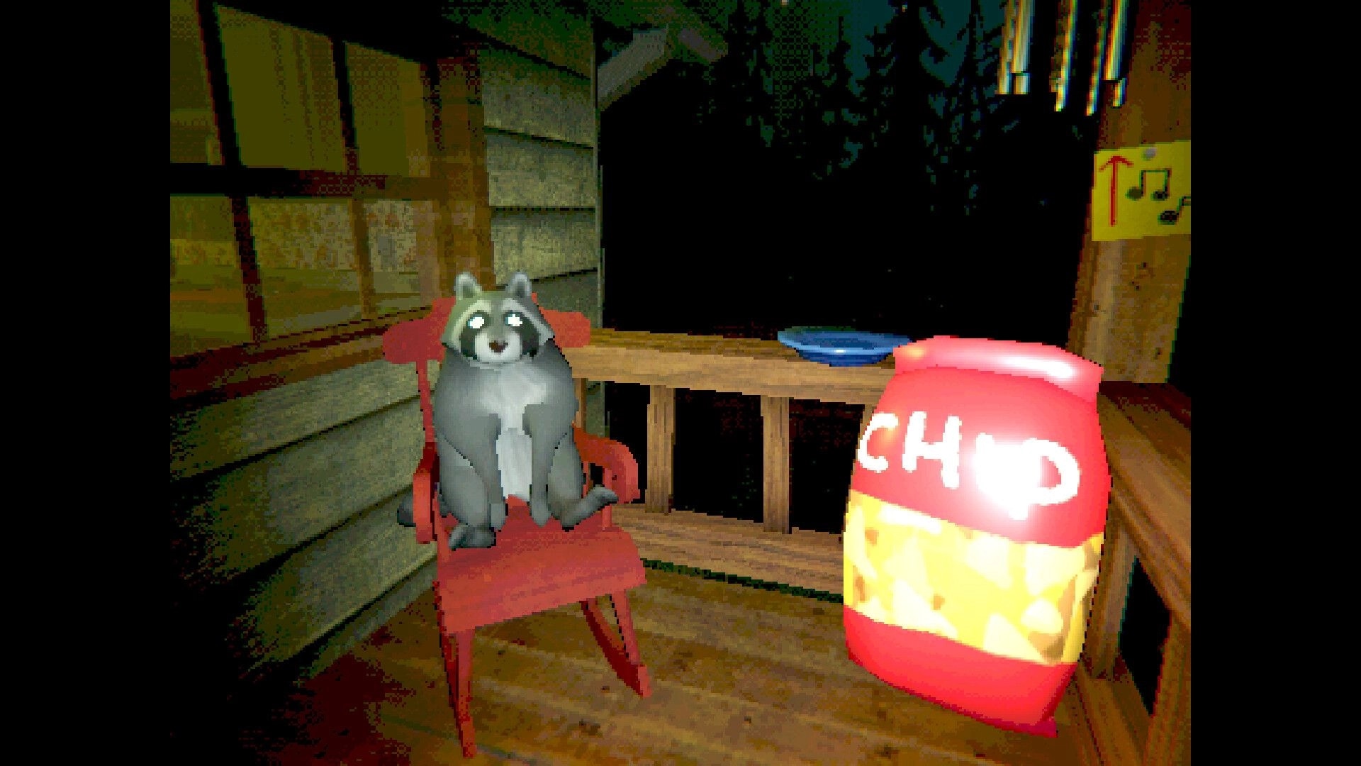 Creature Kitchen: Raccoon sitting on chair beside chips bag on porch at night