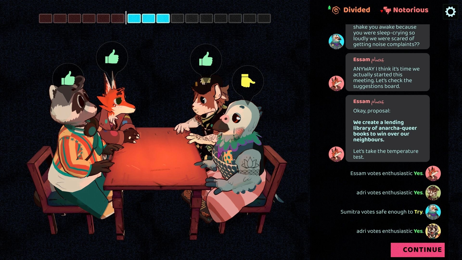 Creatures Like Us: Group meeting vote with thumbs-up icons around a table, dialogue panel at right.