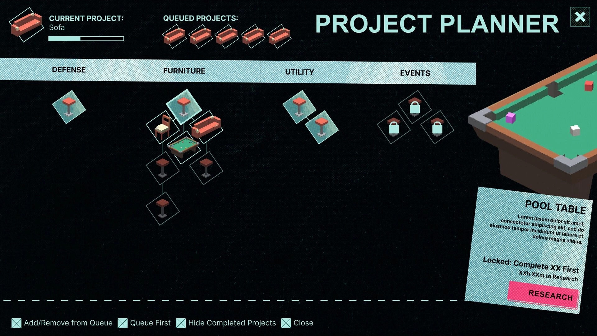 Creatures Like Us: Project Planner UI with sofa project queued, furniture nodes, pool table preview panel.