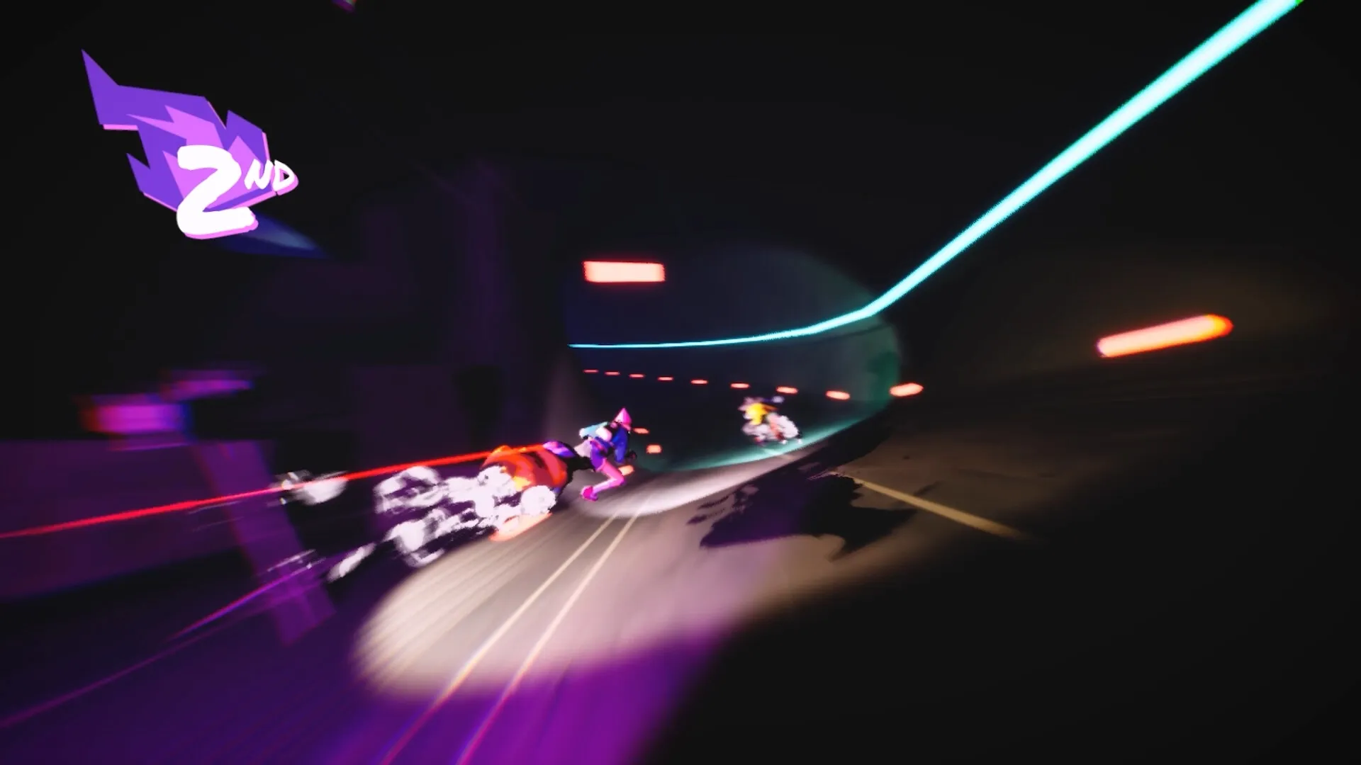 Crescent County: Racing motorbrooms in neon-lit tunnel with position indicator displaying second place