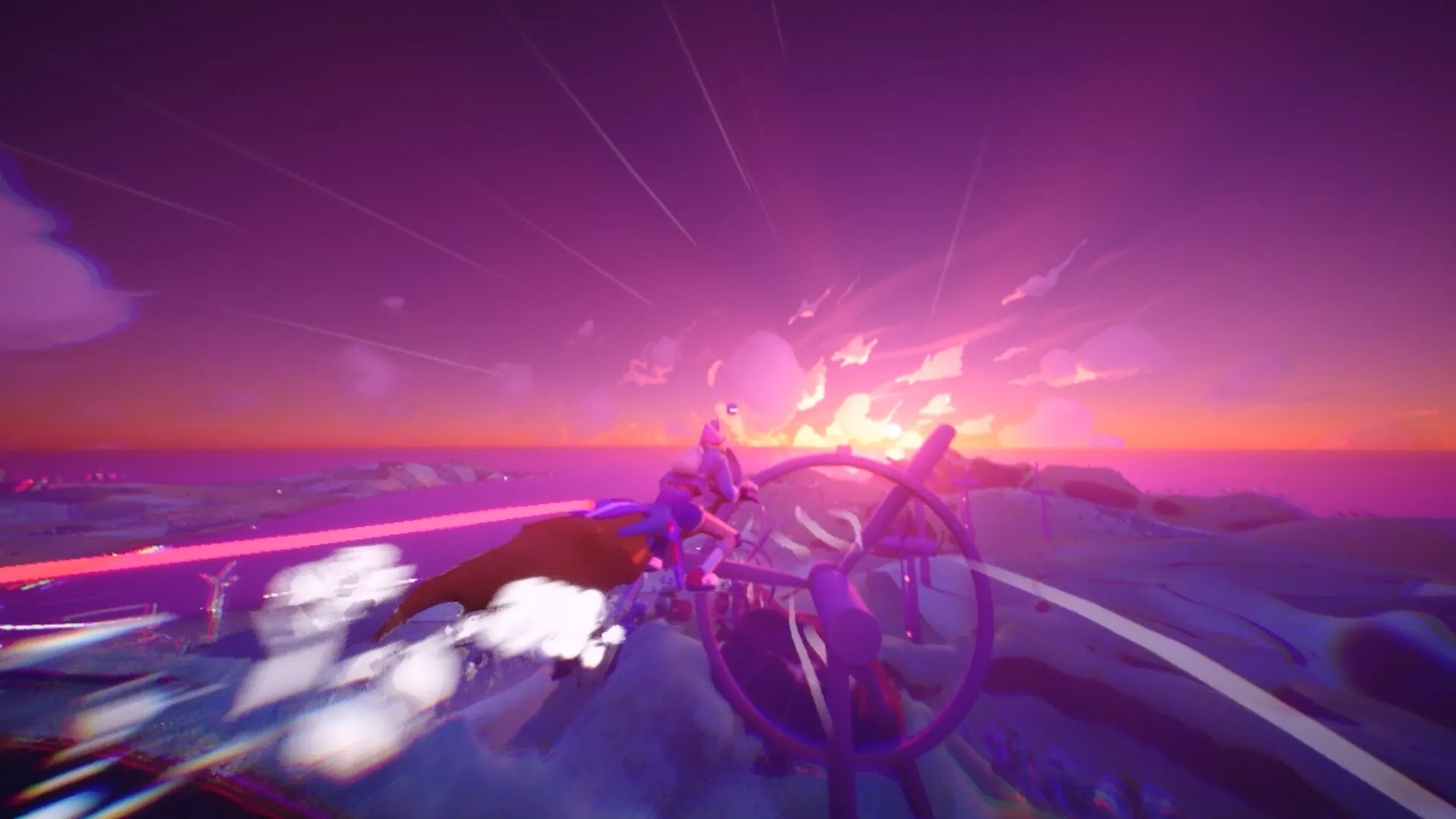 Crescent County: Character riding motorbroom across vibrant sunset sky with distant hills visible