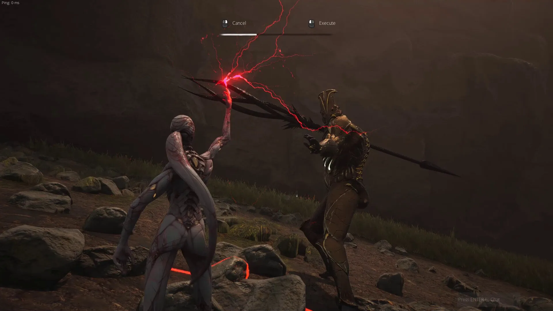 CRETE: Biopunk creature clashes with armored foe on rocky terrain, red energy crackling between them.