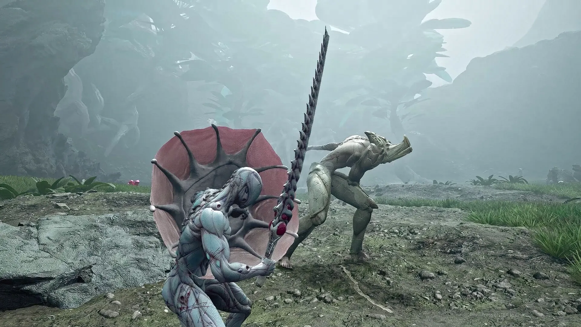 CRETE: Biopunk warrior battles creature in misty forest clearing, wielding sword and shield combo.