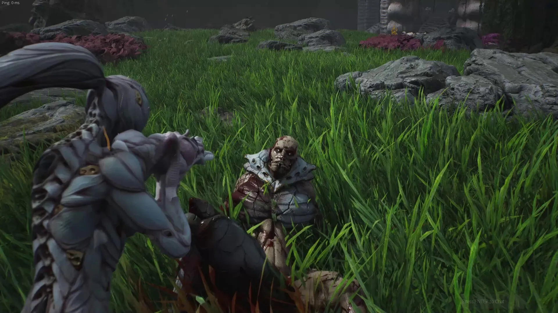 CRETE: Creature aiming at fallen enemy in a grassy field with rocks and distant stone structure