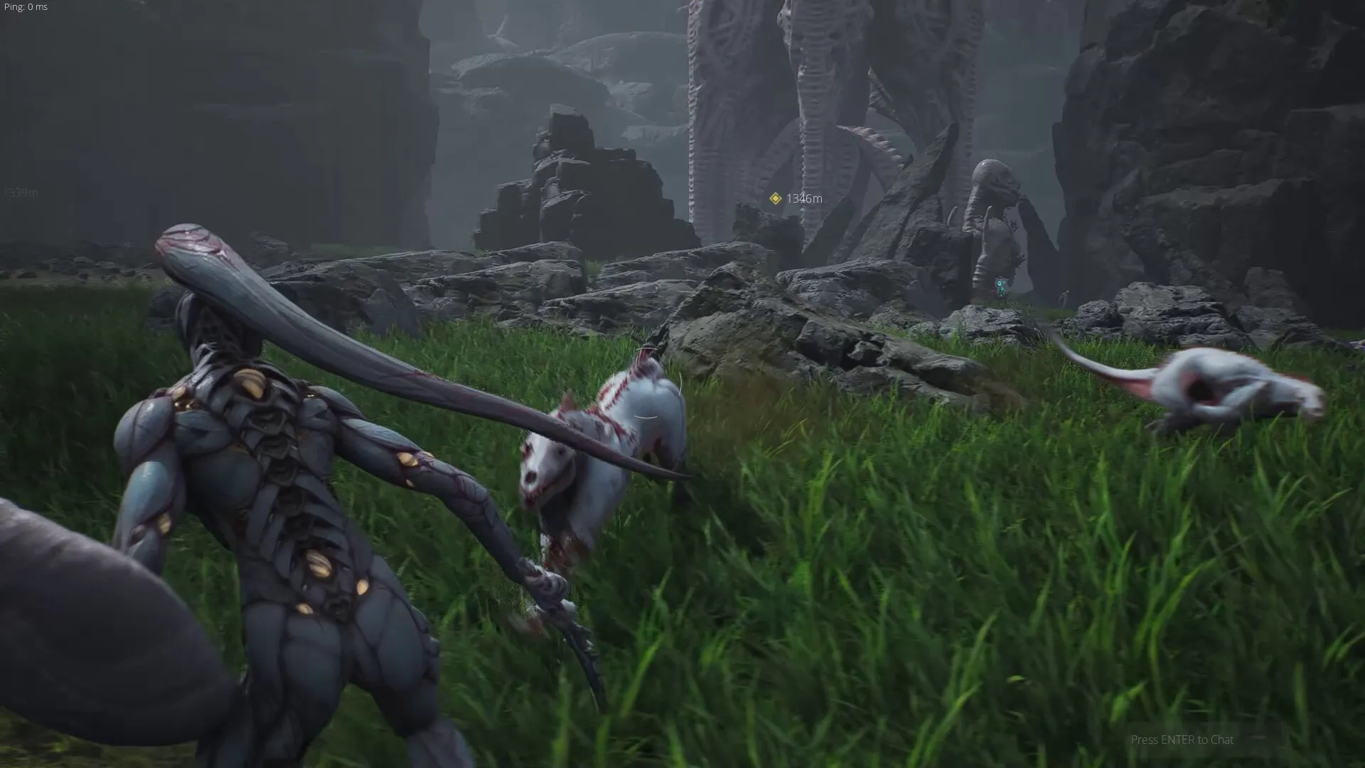 CRETE: Creature with long tail and humanoid form advances through rocky terrain with lush grass patches