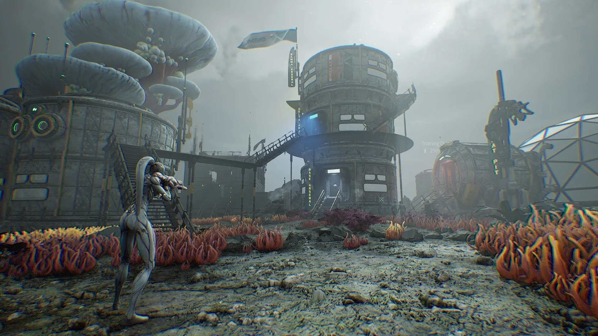 CRETE: Alien character aims weapon in biopunk outpost with towering fungi and industrial buildings