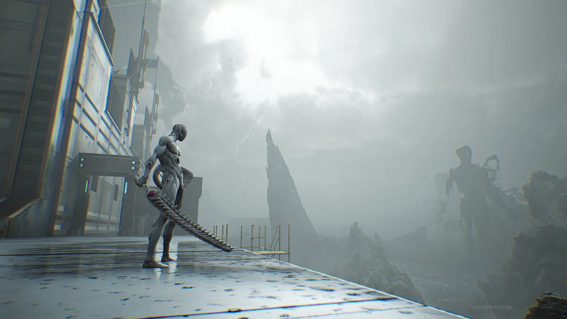 CRETE: Biopunk warrior stands on rooftop edge, overlooking stormy landscape with colossal ruins in distance