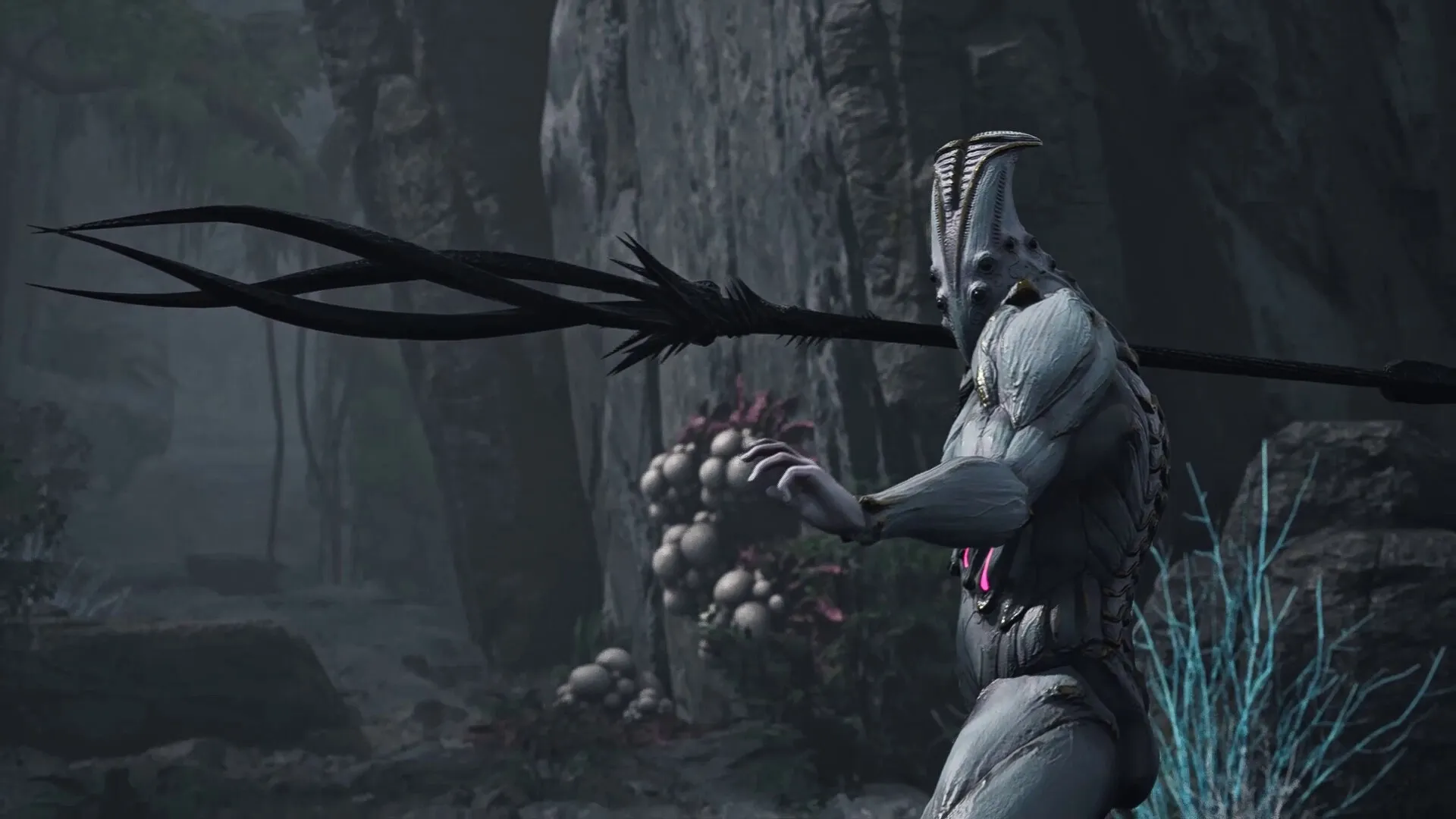 CRETE: Biopunk creature with spear in rocky canyon environment, surrounded by alien flora.