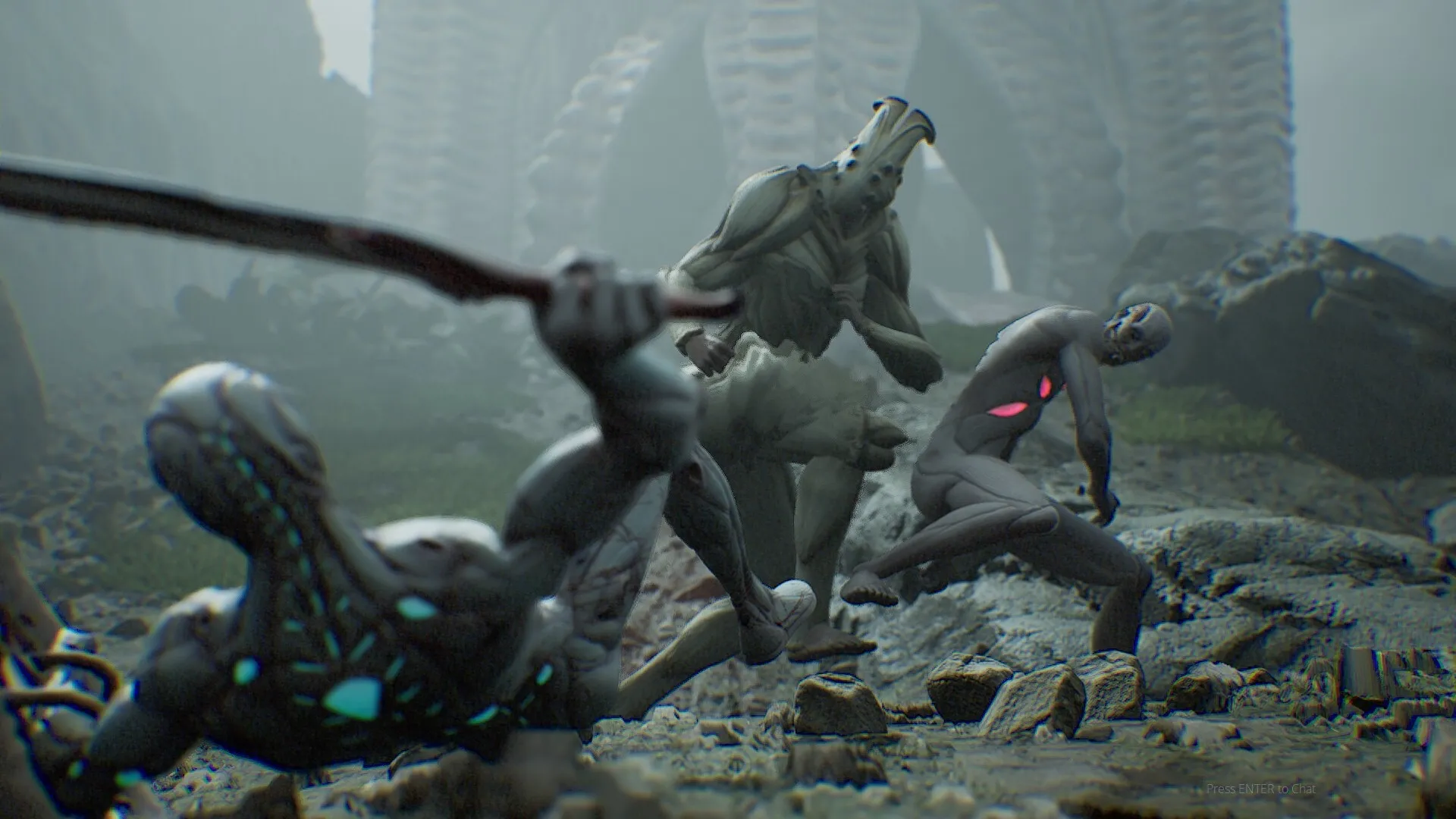 CRETE: Three biopunk creatures in combat on rocky terrain with ancient ruins in the background.