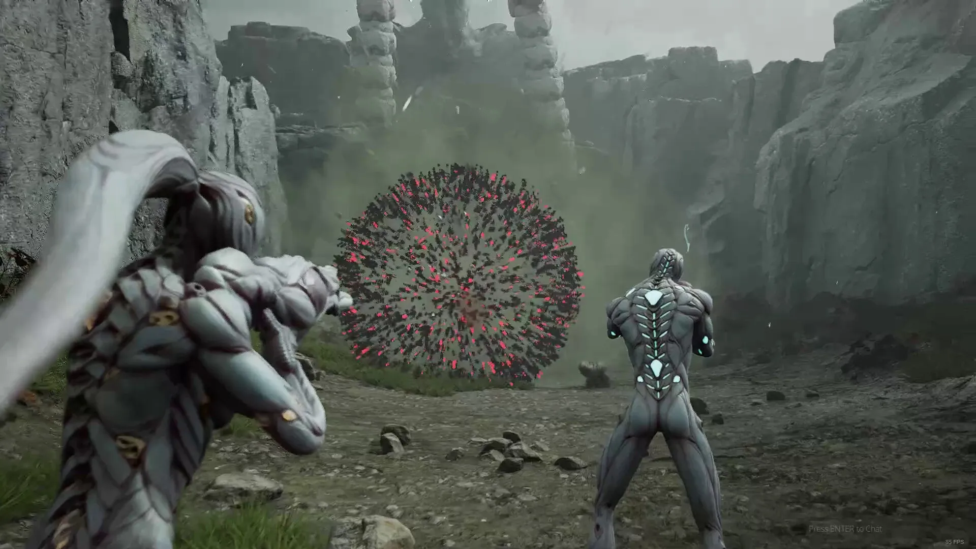 CRETE: Two armored characters face a swirling biopunk sphere in a rocky canyon setting