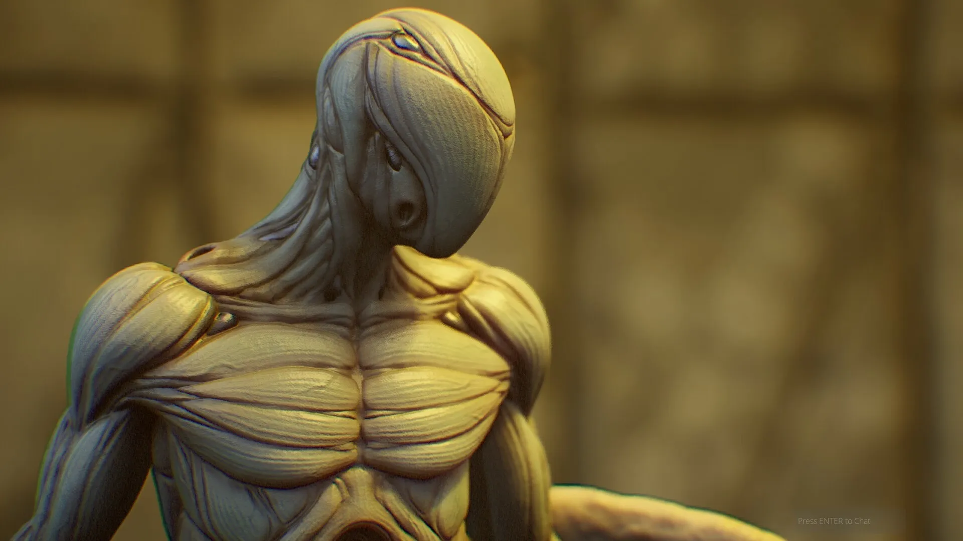 CRETE: Close-up of a biopunk creature with textured skin in a dimly lit, abstract environment.