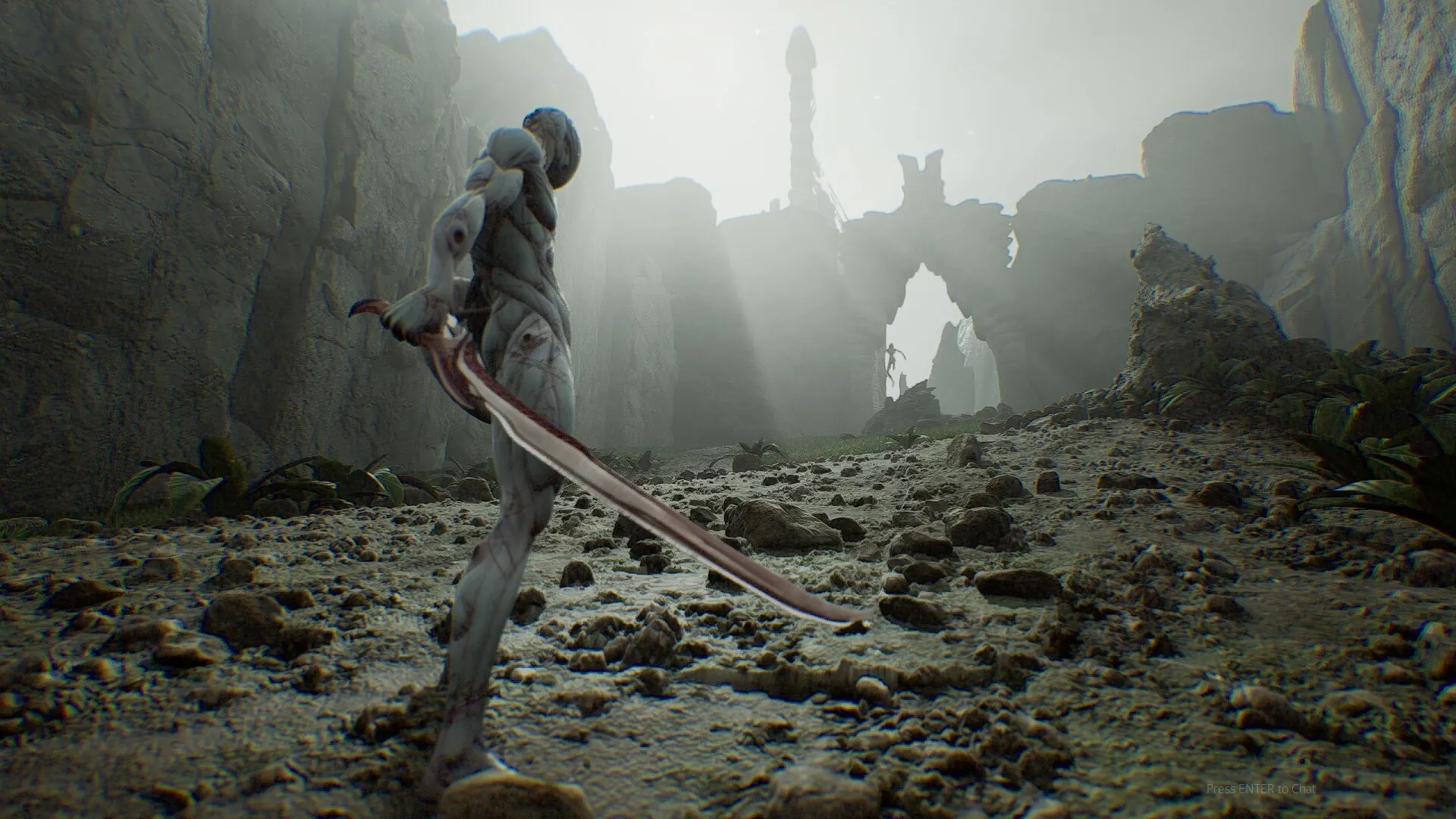 CRETE: Biopunk warrior with a sword explores rocky terrain with ancient structures ahead in misty canyon.