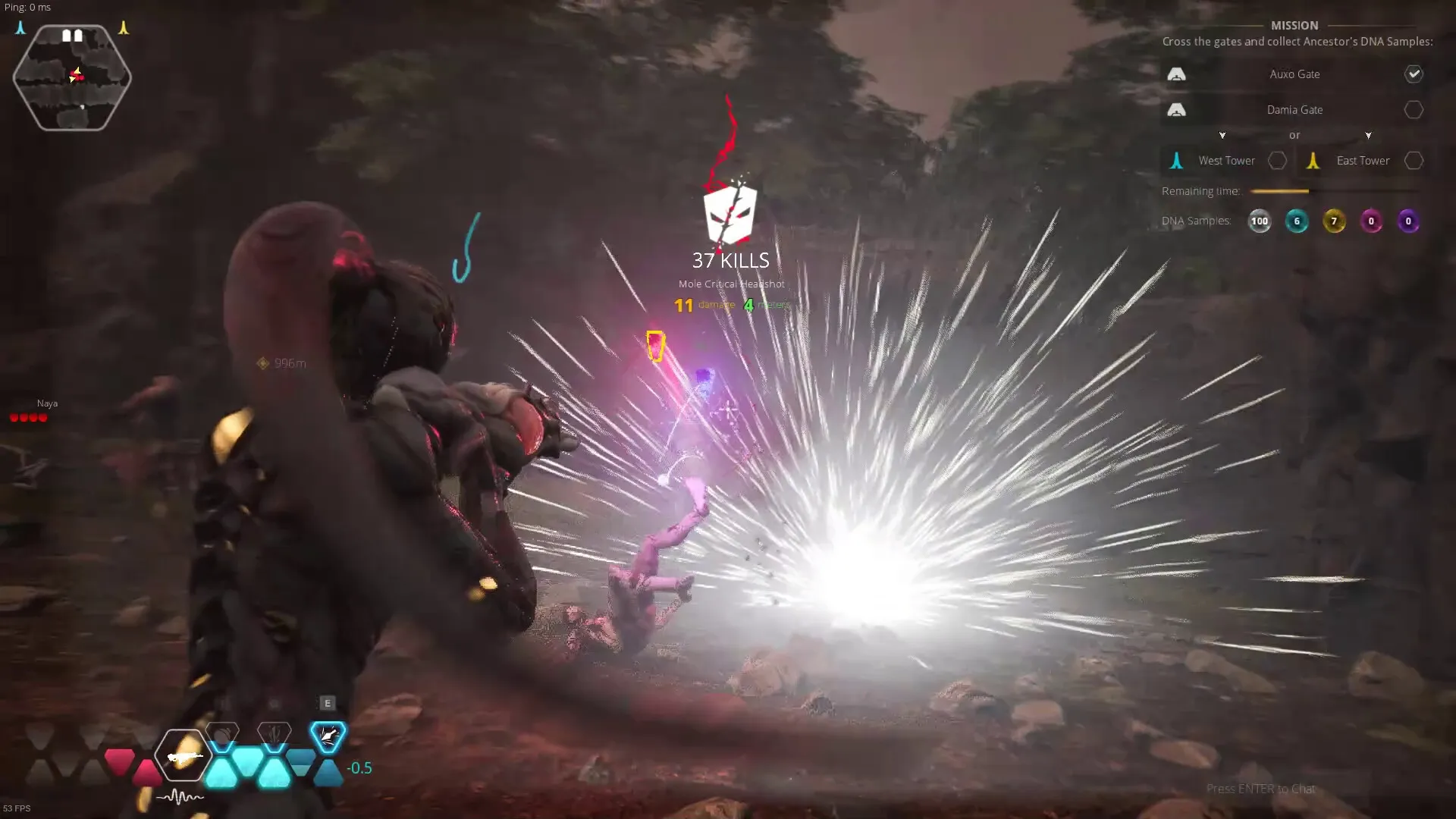 CRETE: Player attacking biopunk creature with explosion effect in forest, mission objectives on screen