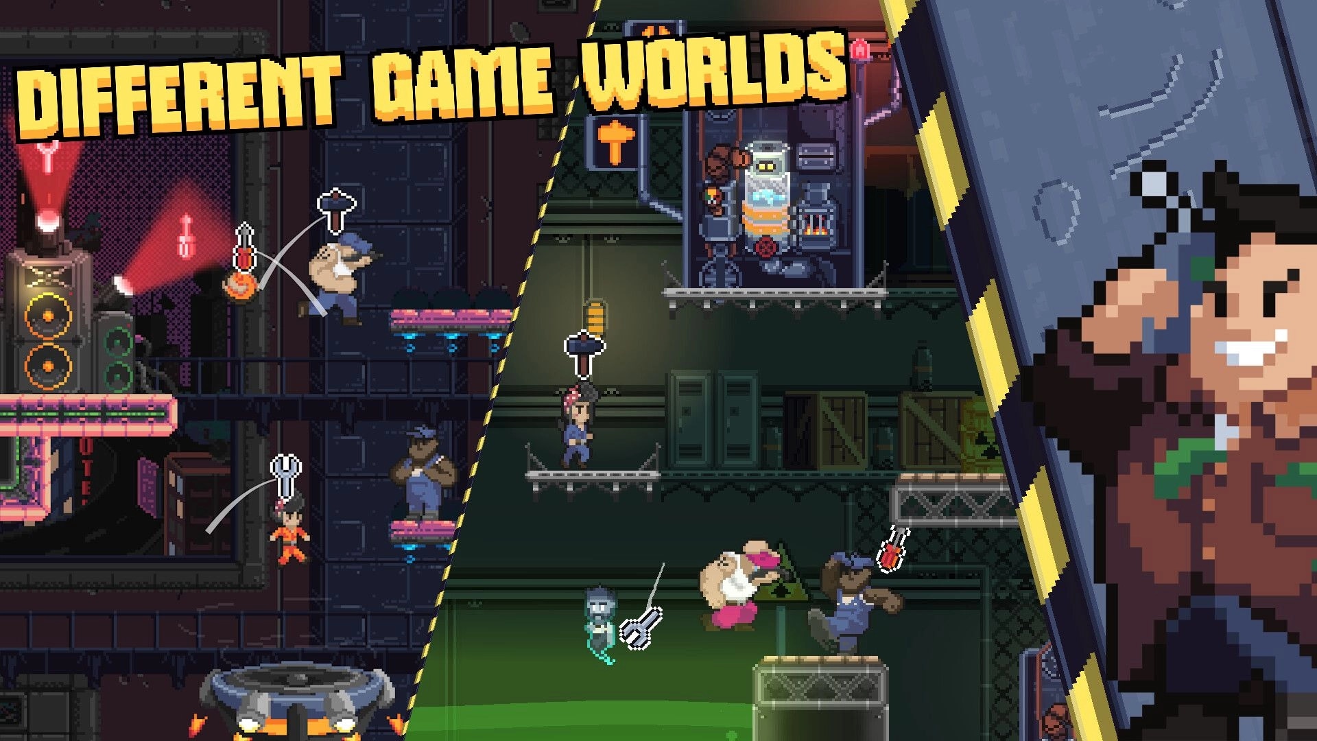 Crewcial: Split-screen pixel platforming with tool icons above players in neon factory rooms.