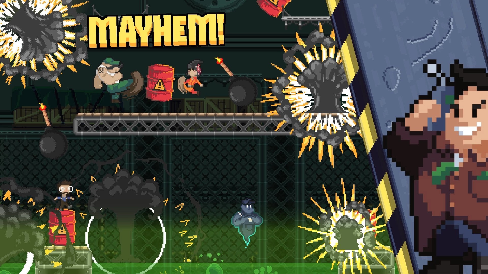 Crewcial: Mayhem banner over crew dodging bombs and barrels on a metal platform in a lab stage.