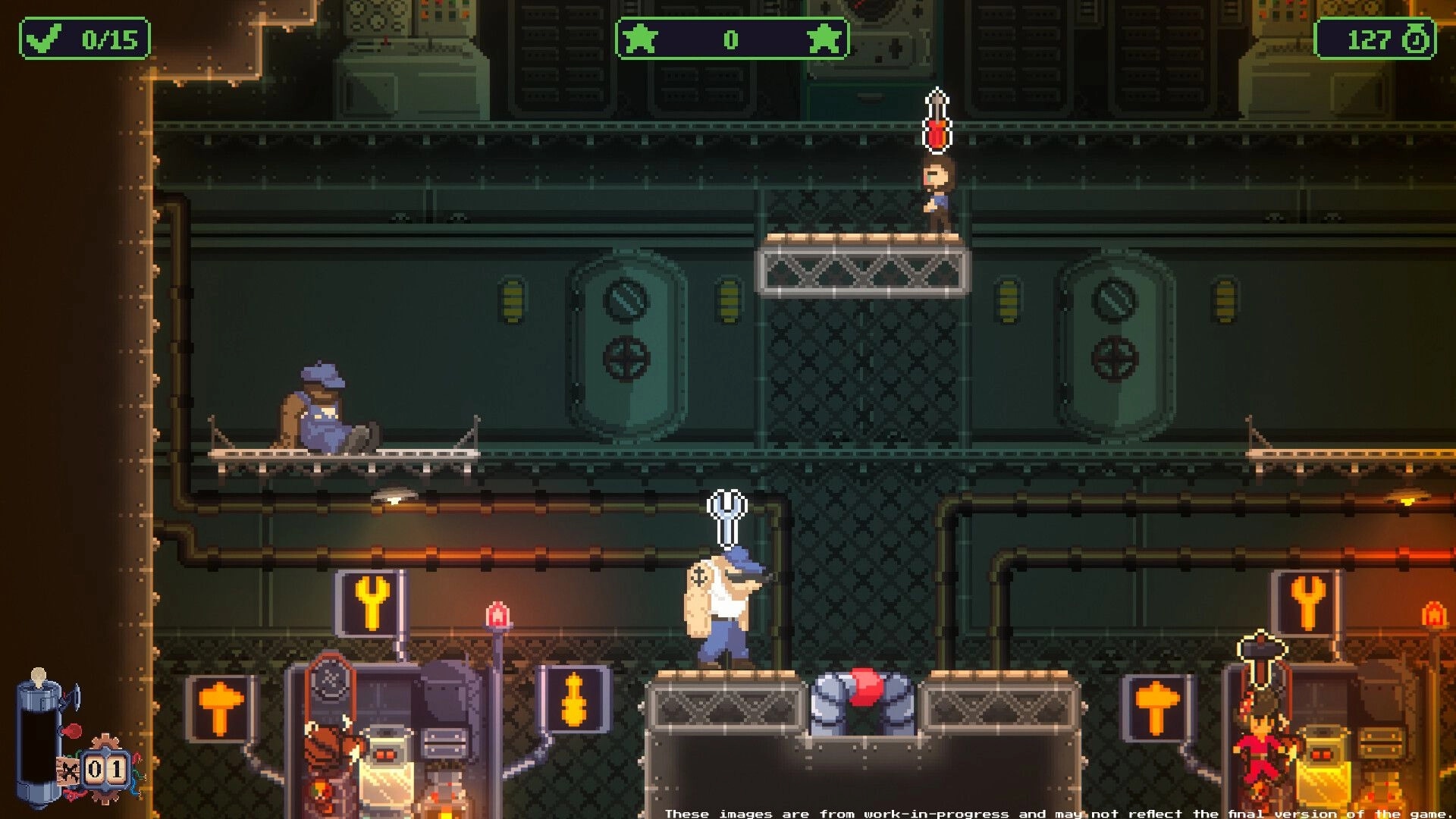 Crewcial: Two crew members on platforms with tool icons above them inside an industrial ship corridor.