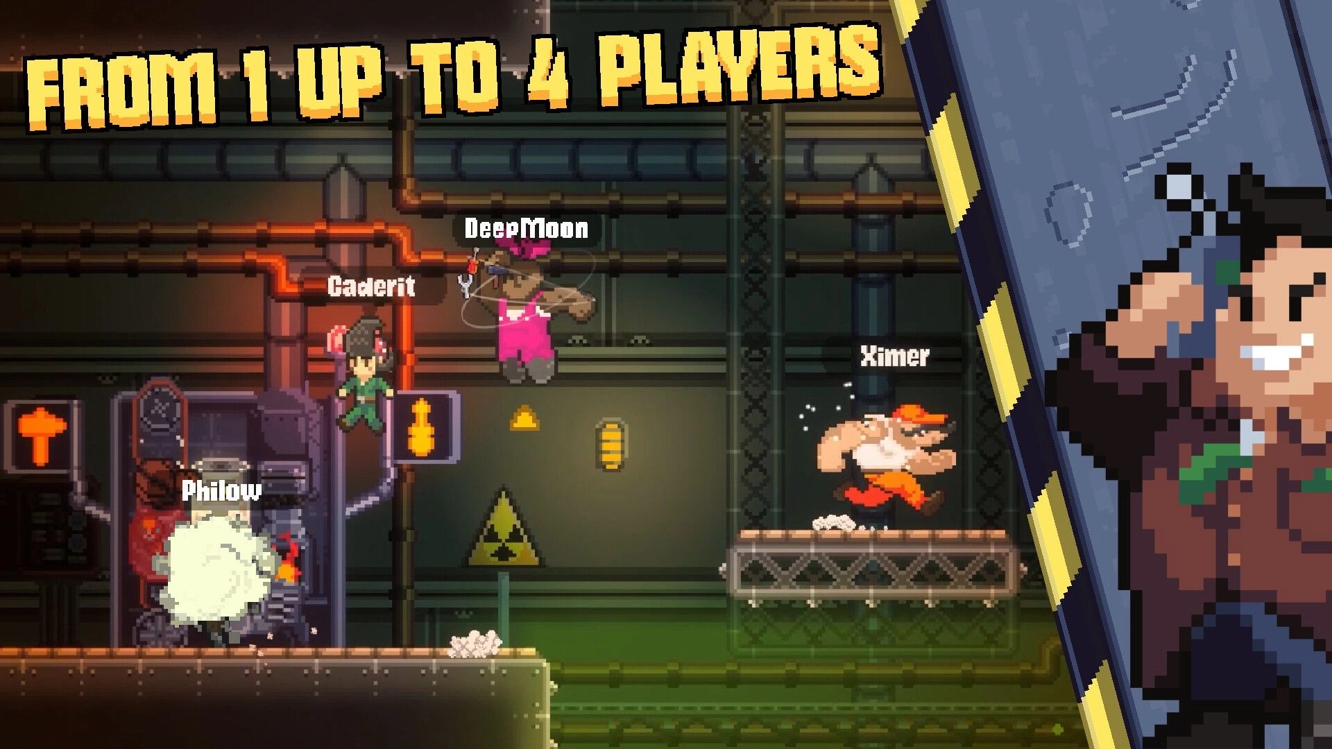 Crewcial: Four named players platforming past pipes and radiation signs in an industrial facility level.
