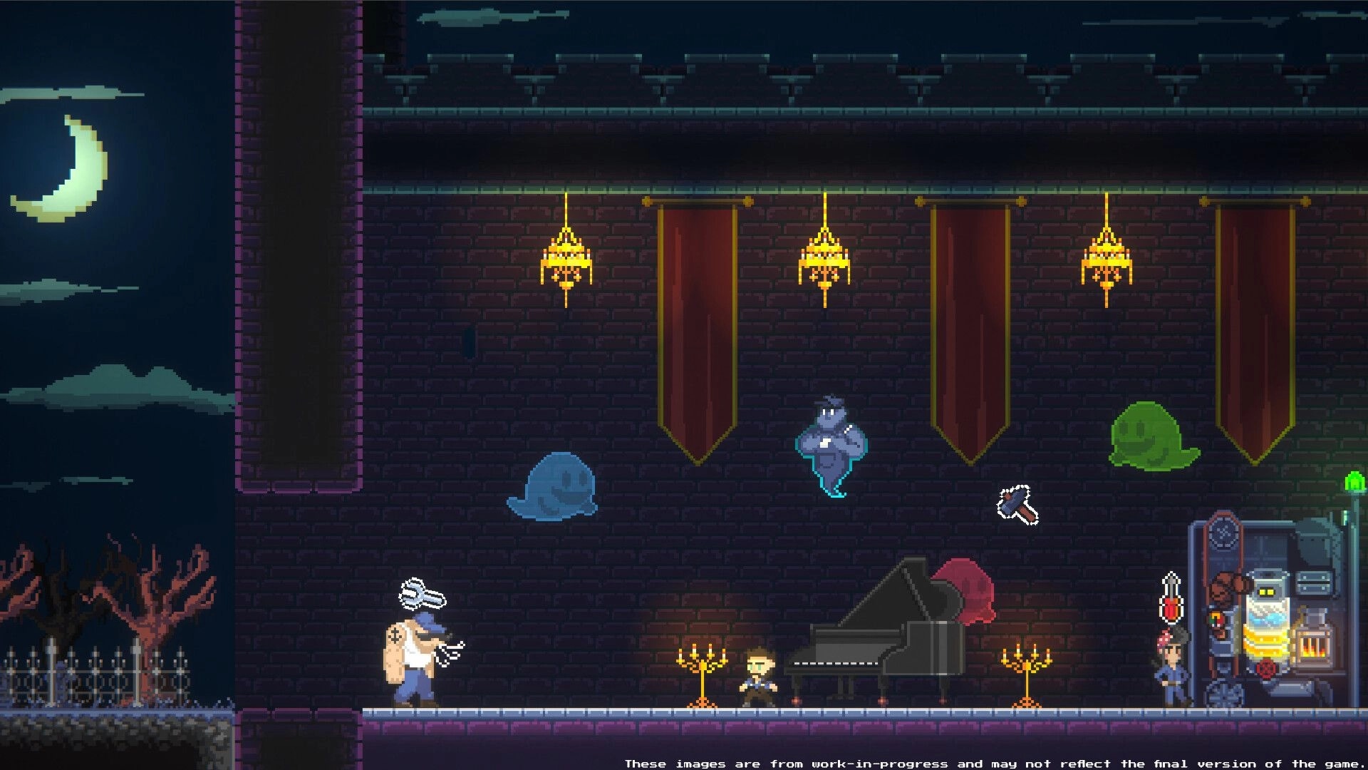 Crewcial: Players dodge floating ghosts and slimes beside a piano in a candlelit castle hall.