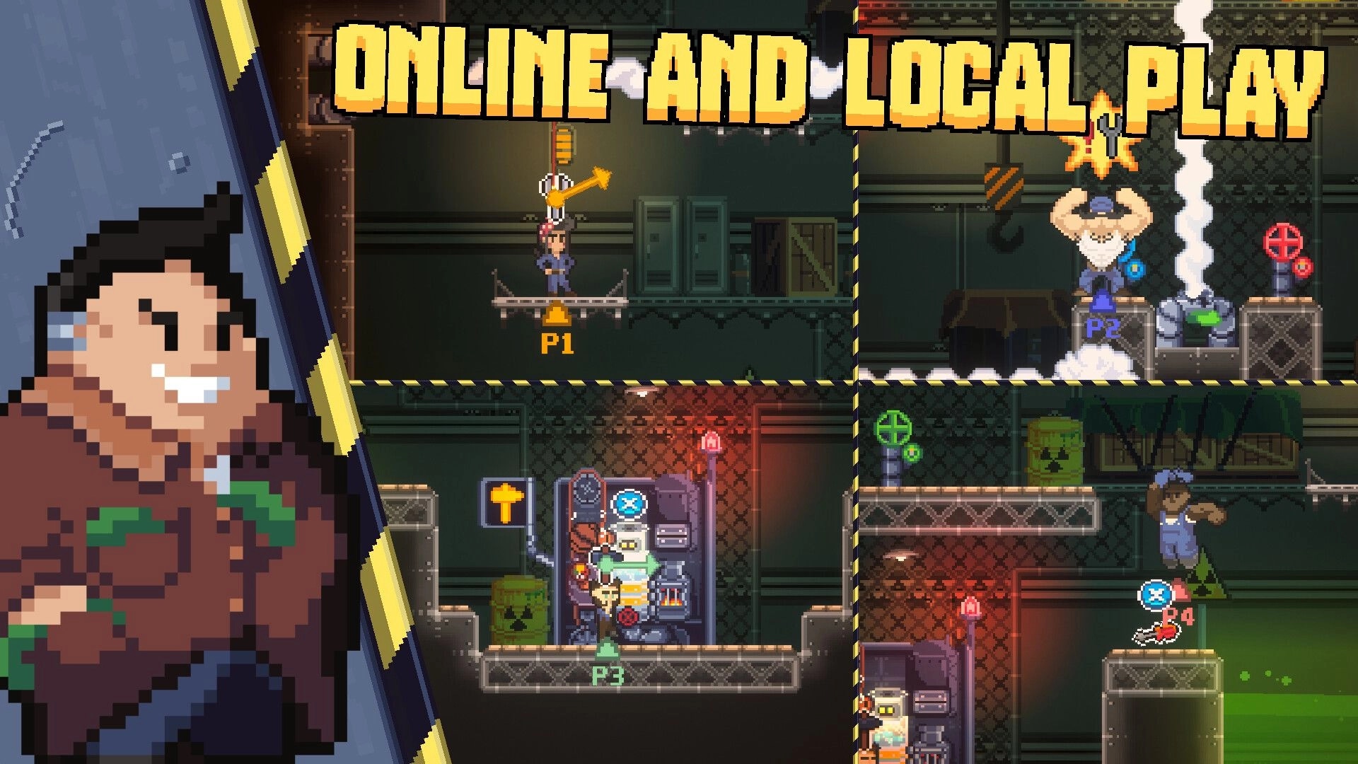 Crewcial: Online and local play promo with four players fixing machines in a split-screen ship interior.