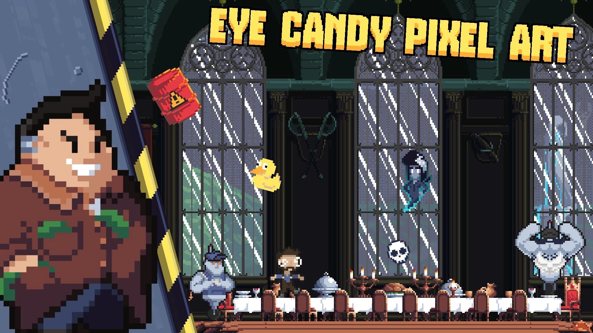 Crewcial: Pixel art promo with large character portrait and banquet hall scene under EYE CANDY text.