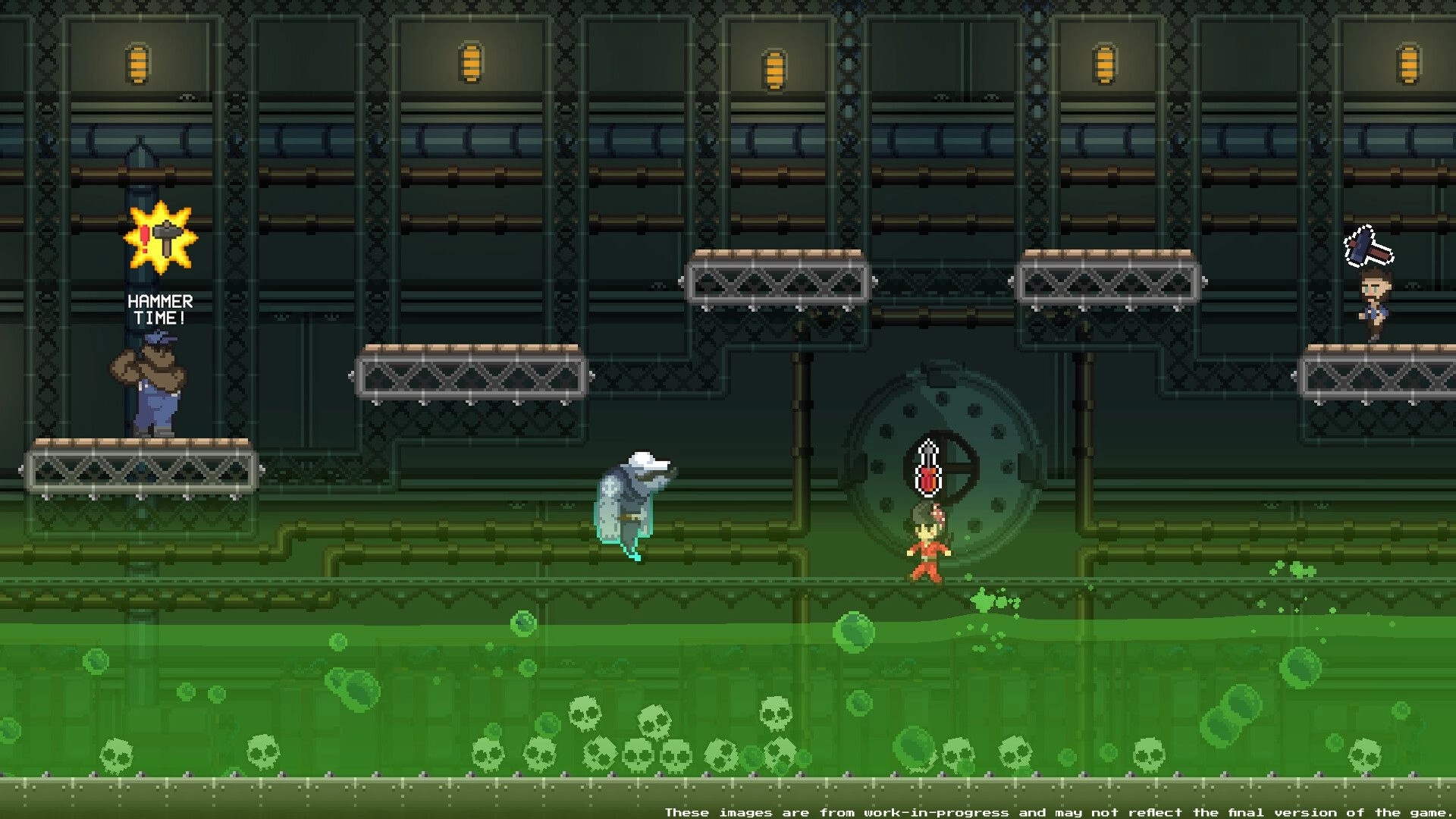 Crewcial: Players platform above toxic green sludge as a "HAMMER TIME!" prompt appears in a metal sewer room.