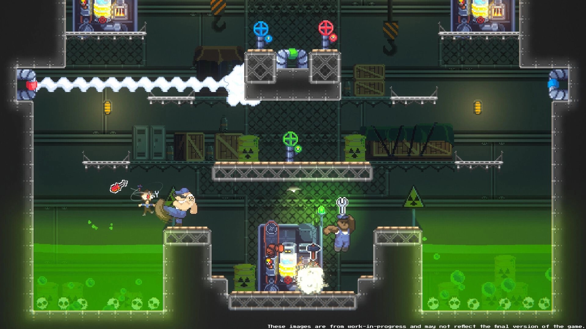 Crewcial: Two crew members dodge steam jets and toxic sludge in an industrial lab platform level.