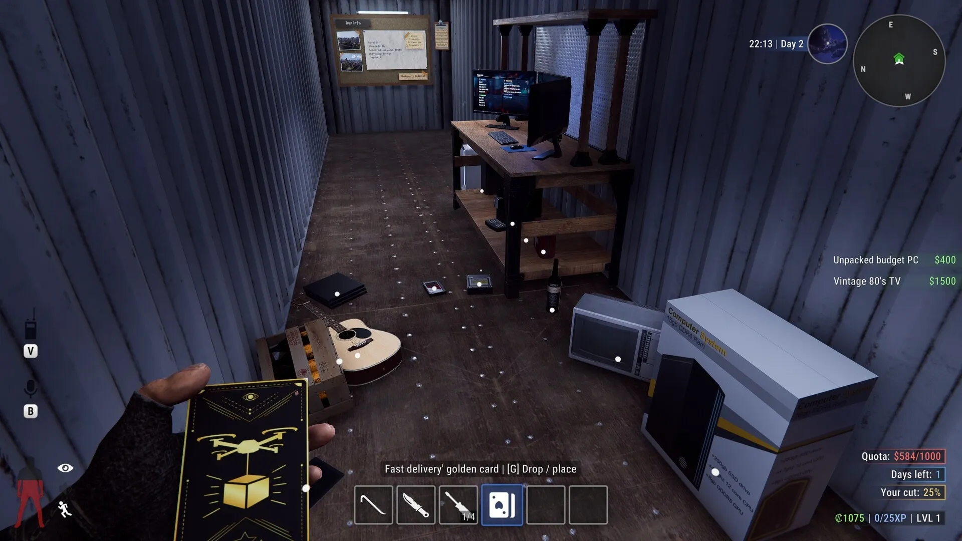 Crime Simulator: Player holds a golden card in a cluttered storage room with computer and guitar nearby