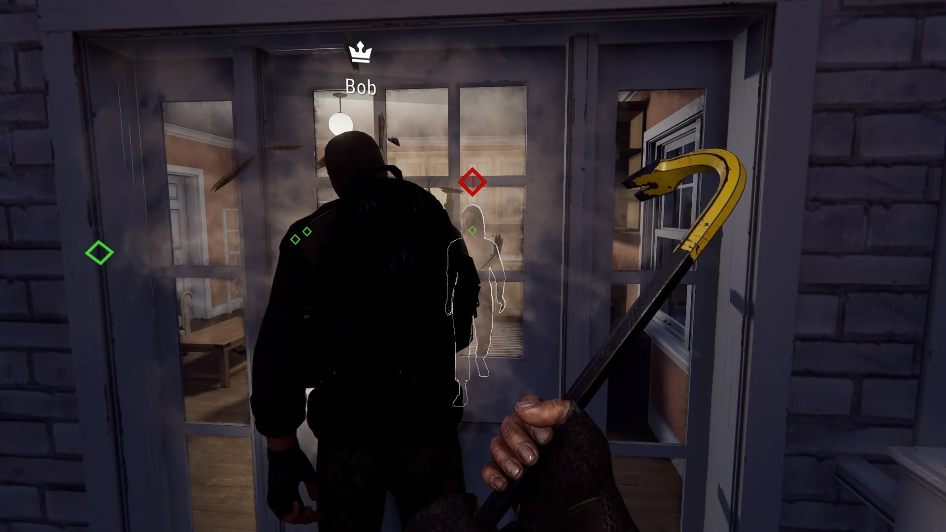 Crime Simulator: Bob approaches glass door with crowbar in hand, preparing to break into house