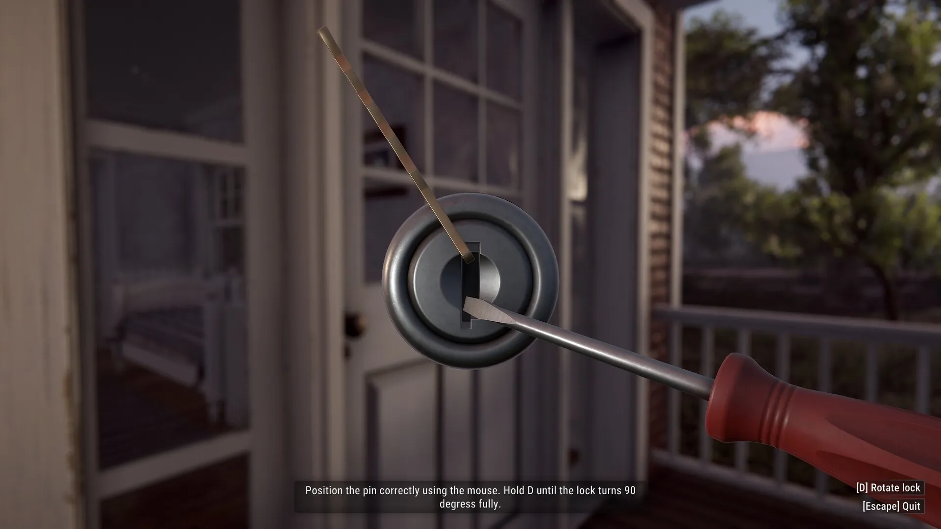 Crime Simulator: Lockpicking sequence at a house entrance with detailed instructions and interface elements