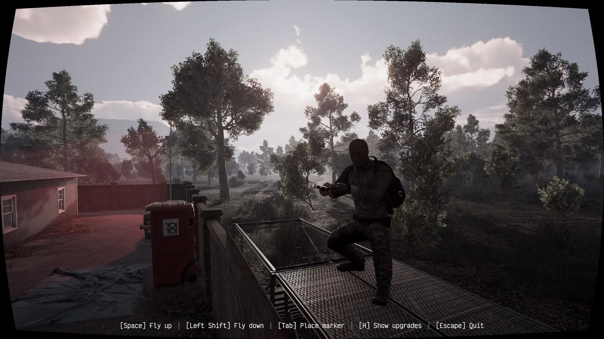 Crime Simulator: Stealthy character crouching on rooftop in a wooded suburban environment